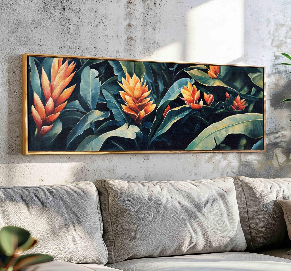 Orange Tropical Torch Ginger Blooms Dark Moody Jungle Floral Wall Art