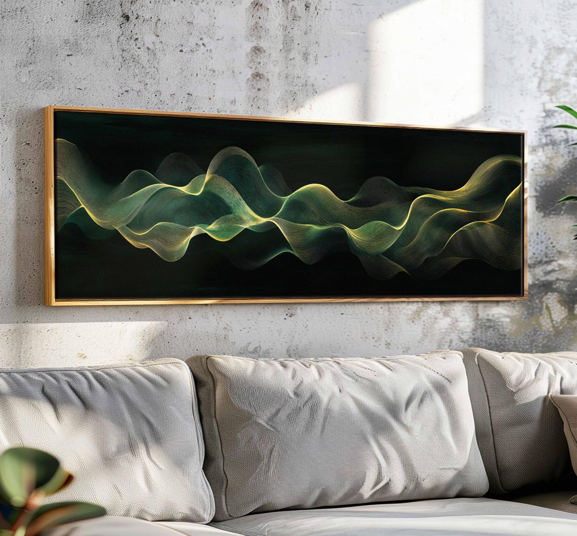 Emerald Gold Flowing Wave Panoramic Abstract Luxury Decor Print