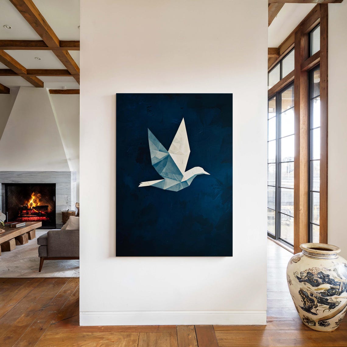 Origami Bird Geometric Paper Crane Navy Blue Modern Decor Poster