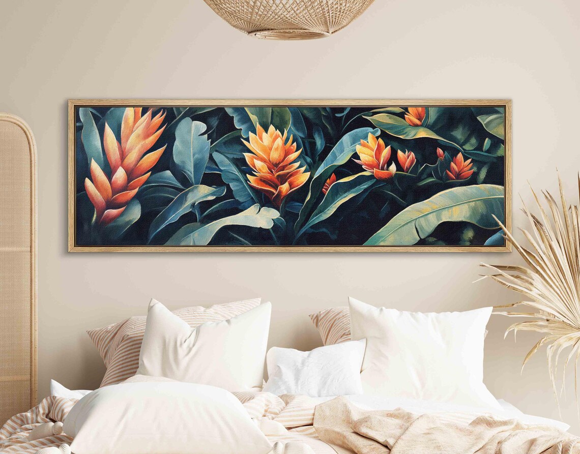 Orange Tropical Torch Ginger Blooms Dark Moody Jungle Floral Wall Art - Image 2