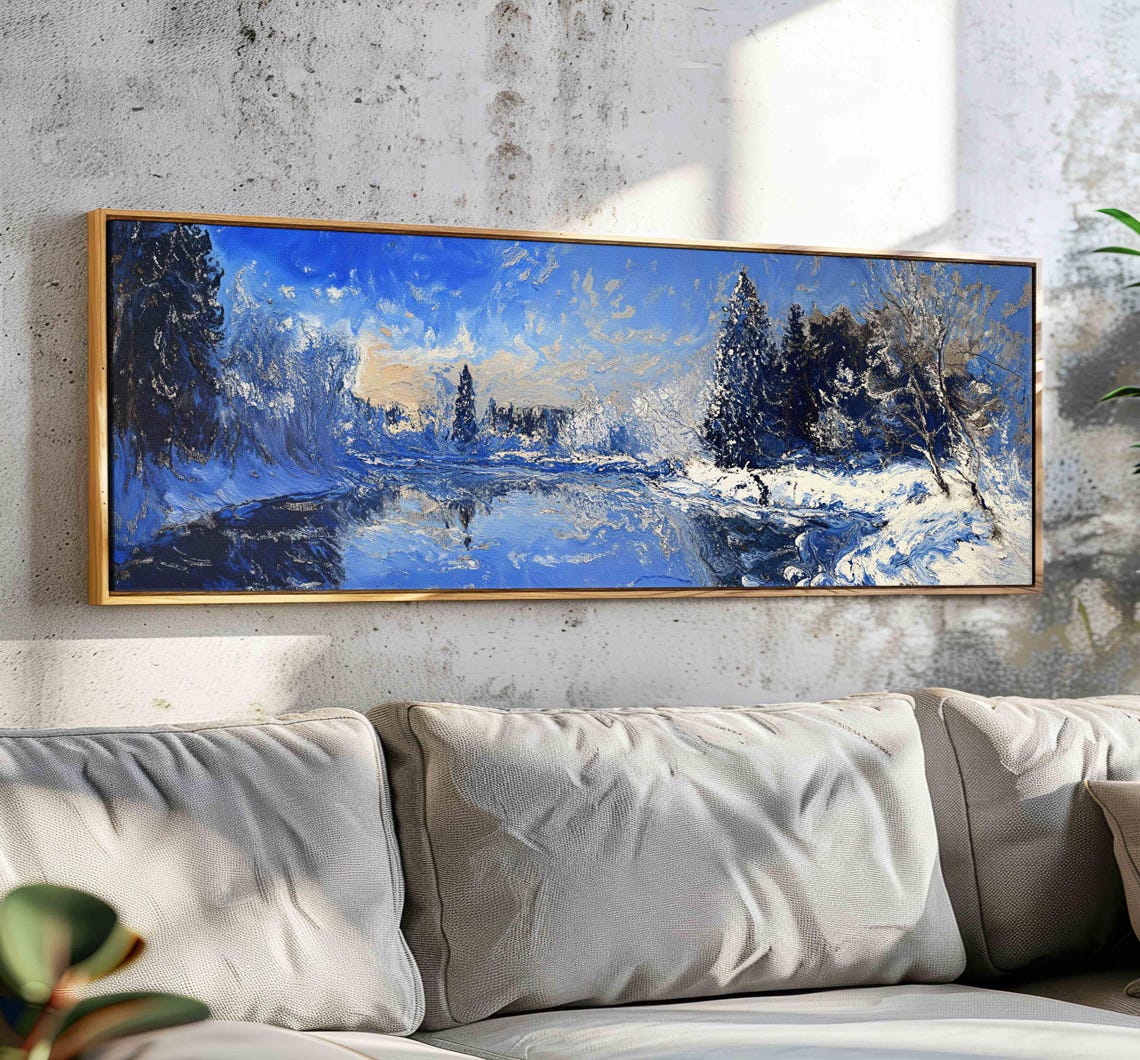 Snowy Blue Winter Forest River Impressionist Landscape Wall Art