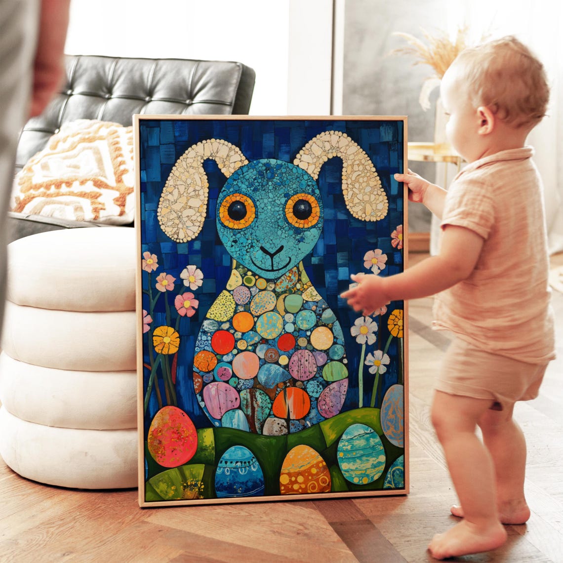Mosaic Easter Bunny Colorful Egg Pattern Folk Art Style Easter Poster - Image 3