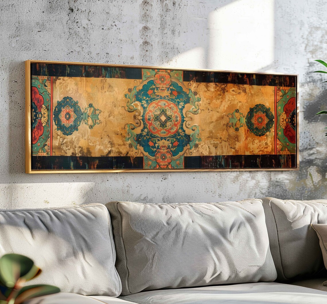Beige Gold Vintage Tapestry Teal Medallions Worn Textile Wall Art