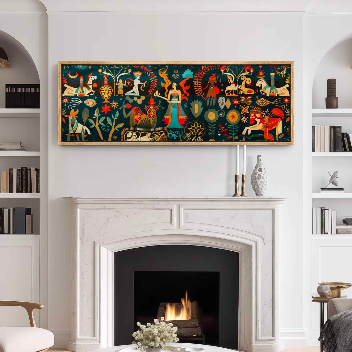 Folk Art Tapestry Stylized Figures Horses Teal Panoramic Art Print - Image 3