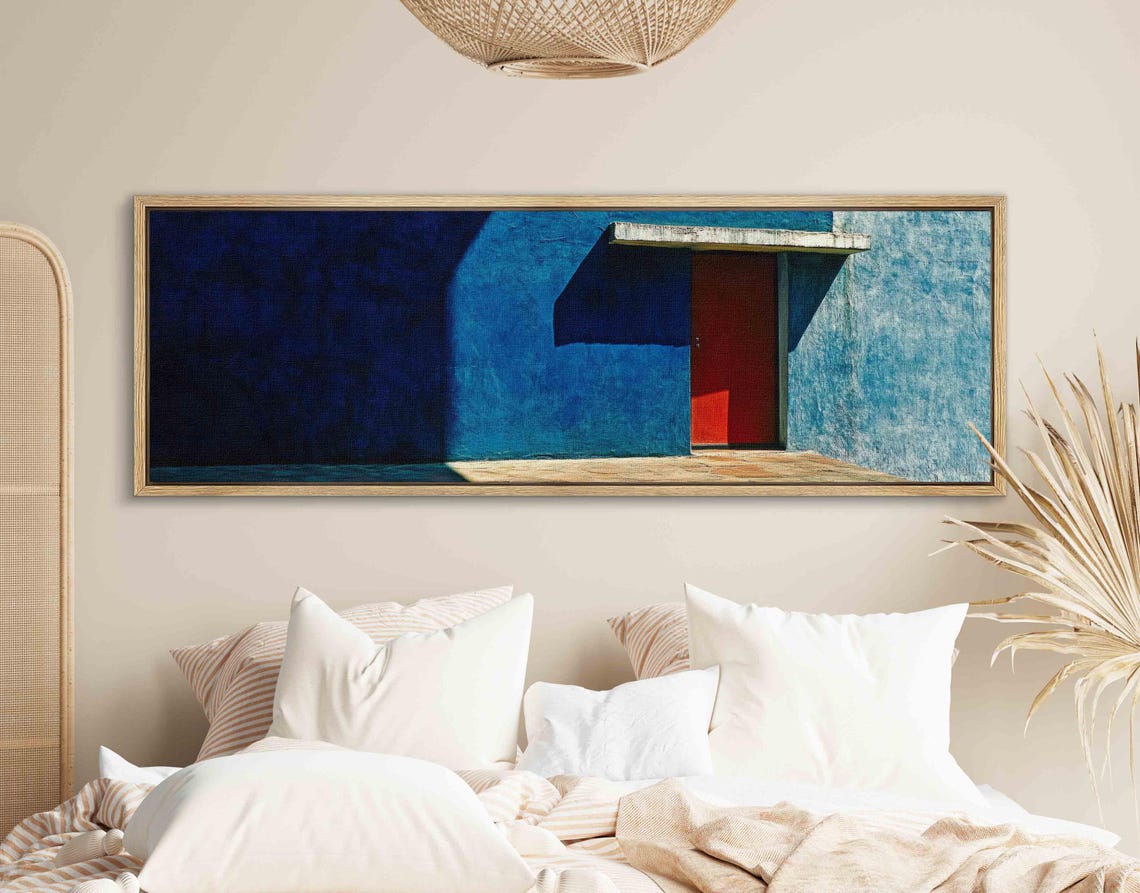 Cobalt Blue Stucco Wall With Red Door Minimal Architecture Wall Art - Image 2