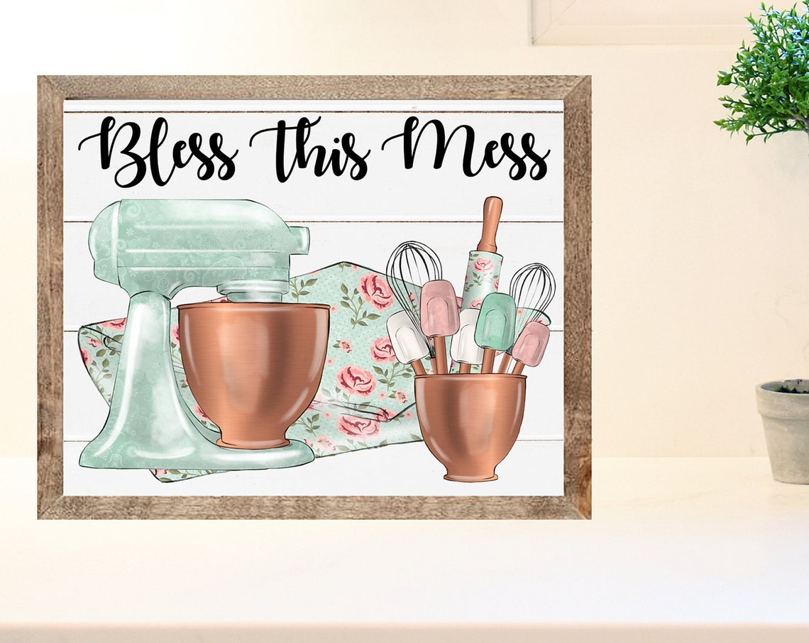 Bless This Mess Vintage Mint Mixer Copper Utensils Kitchen Poster