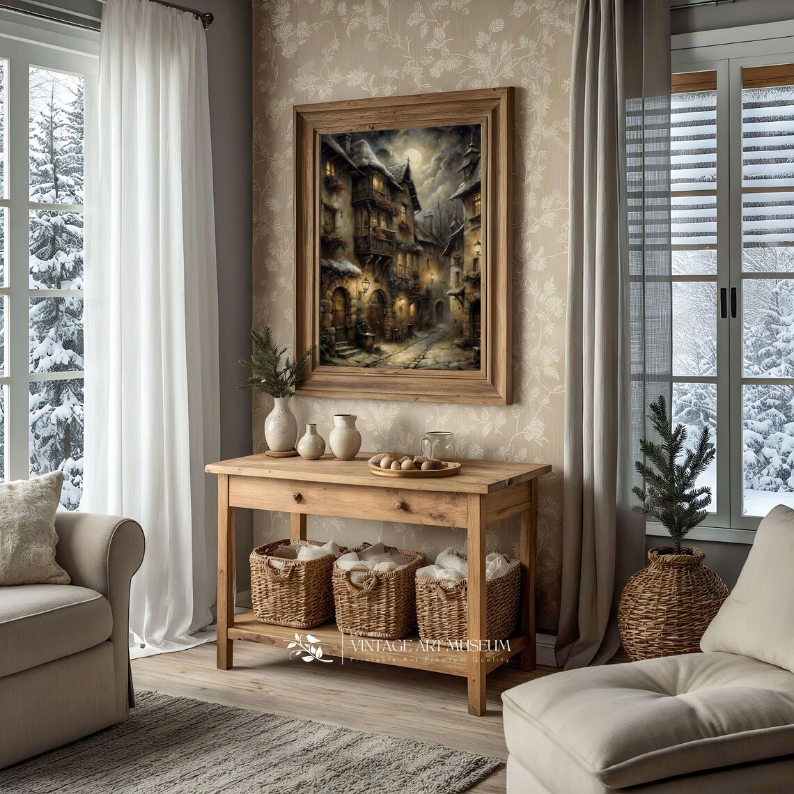 Snowy Old Town Street At Night Under Full Moon Vintage Painting Poster - Image 2