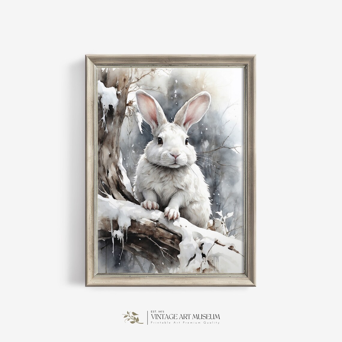 Cute Bunny Painting, Neutral Rustic Winter Art Print