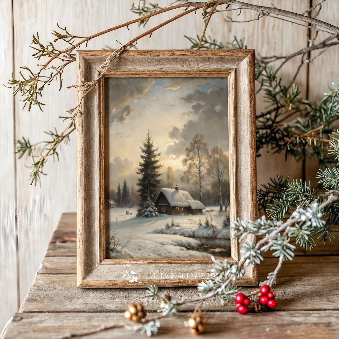 Cozy Snow Cabin in Winter Forest Sunset Vintage Oil Painting Poster - Image 3