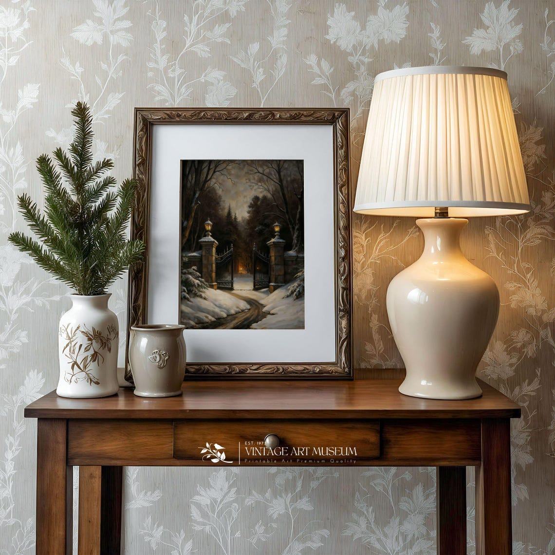 Wrought Iron Estate Gate With Lanterns in Snowy Woods at Dusk Poster - Image 3