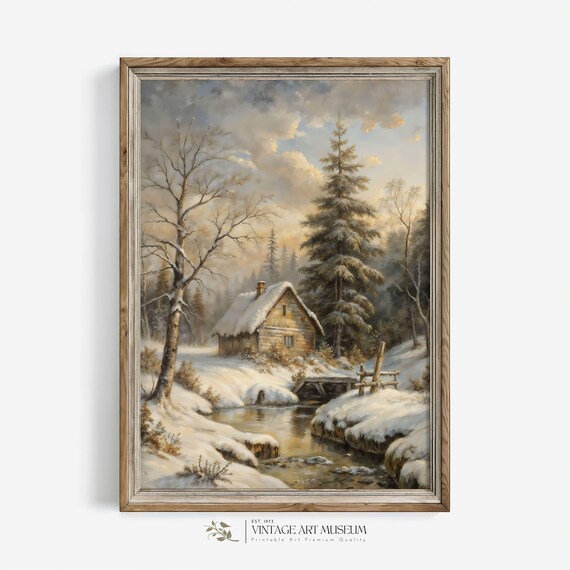 Snowy Forest Cabin Beside A Winter Stream Vintage Oil Painting Poster