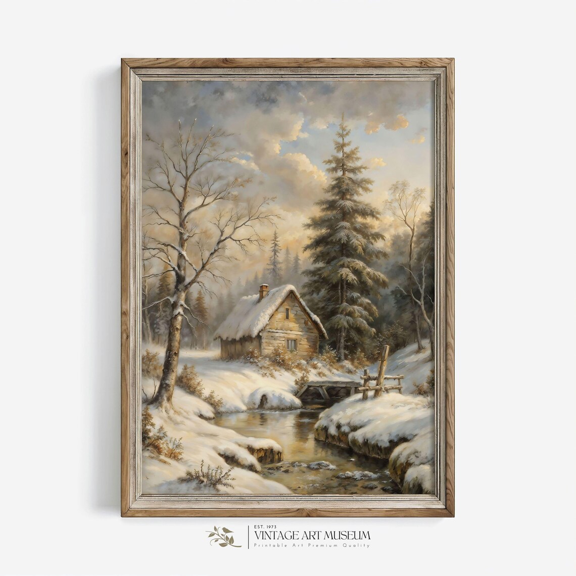 Snowy Forest Cabin Beside A Winter Stream Vintage Oil Painting Poster