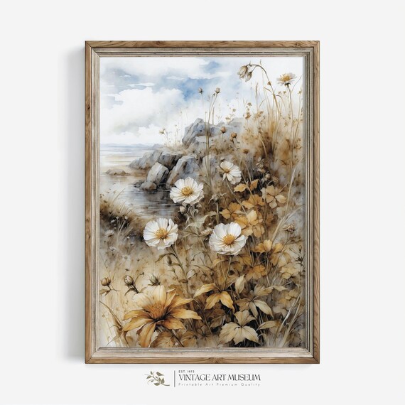 White Wildflowers on Rocky Coast Vintage Watercolor Landscape Wall Art