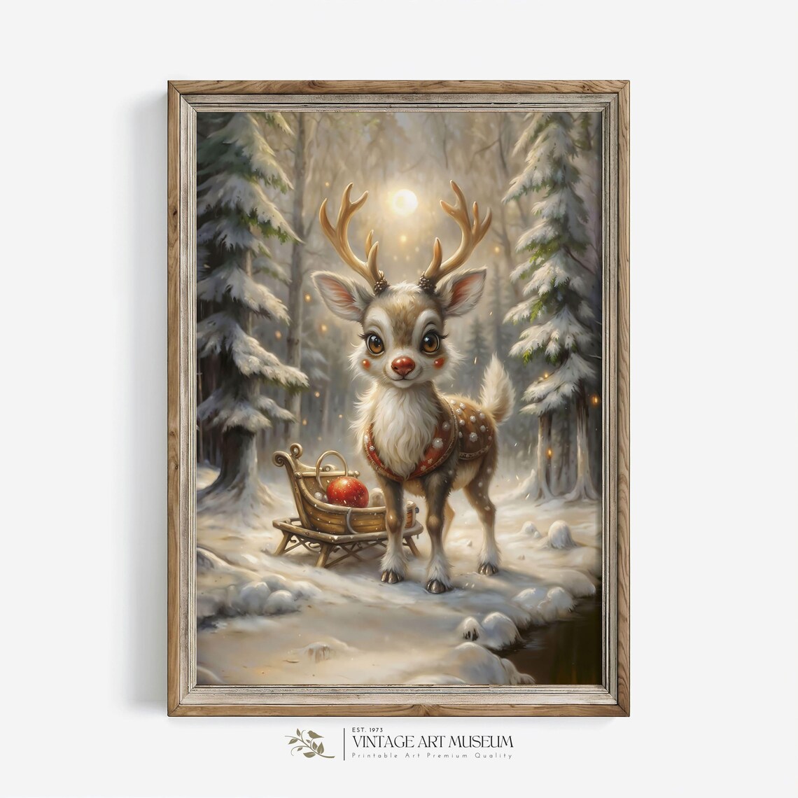 Baby Rudolph in Snowy Forest Vintage Christmas Poster - Image 3