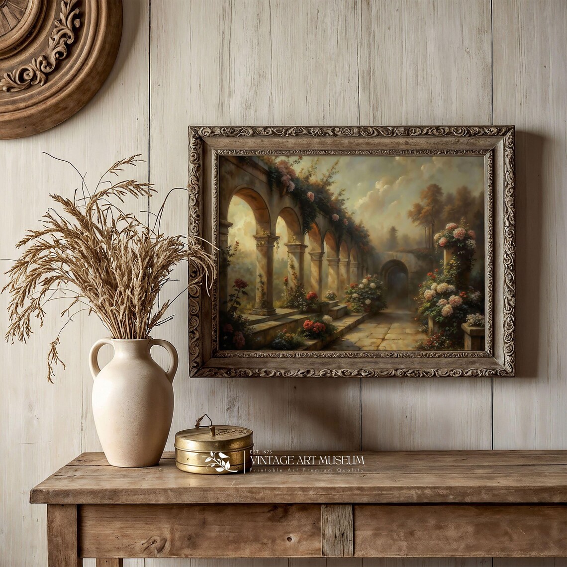 Ancient Park Alley with Stone Arches and Roses Vintage Oil Painting Wall Art - Image 3