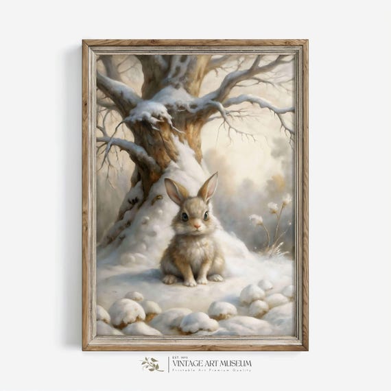 Cute Little Rabbit In Snowy Scene Cozy Vintage Style Winter Wall Art For Cottagecore Christmas Decor 370