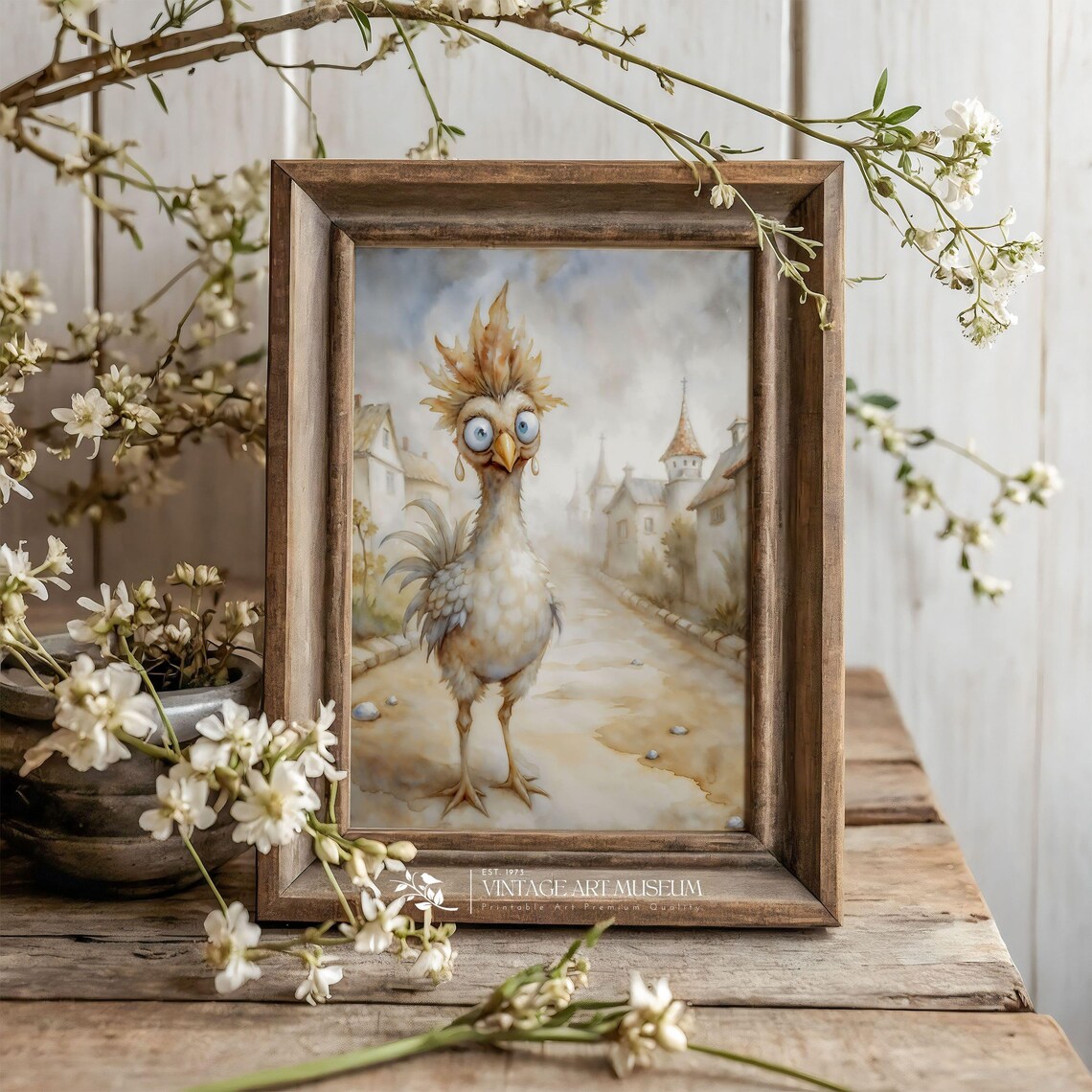 Whimsical Cartoon Rooster With Big Eyes on Old Village Street Poster - Image 3