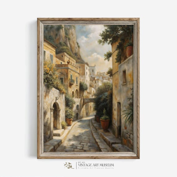 Street Of Amalfi Italy Architecture European Vintage Style Print Warm Tone Oil Painting Nostalgia Cottagecore Wall Art 654