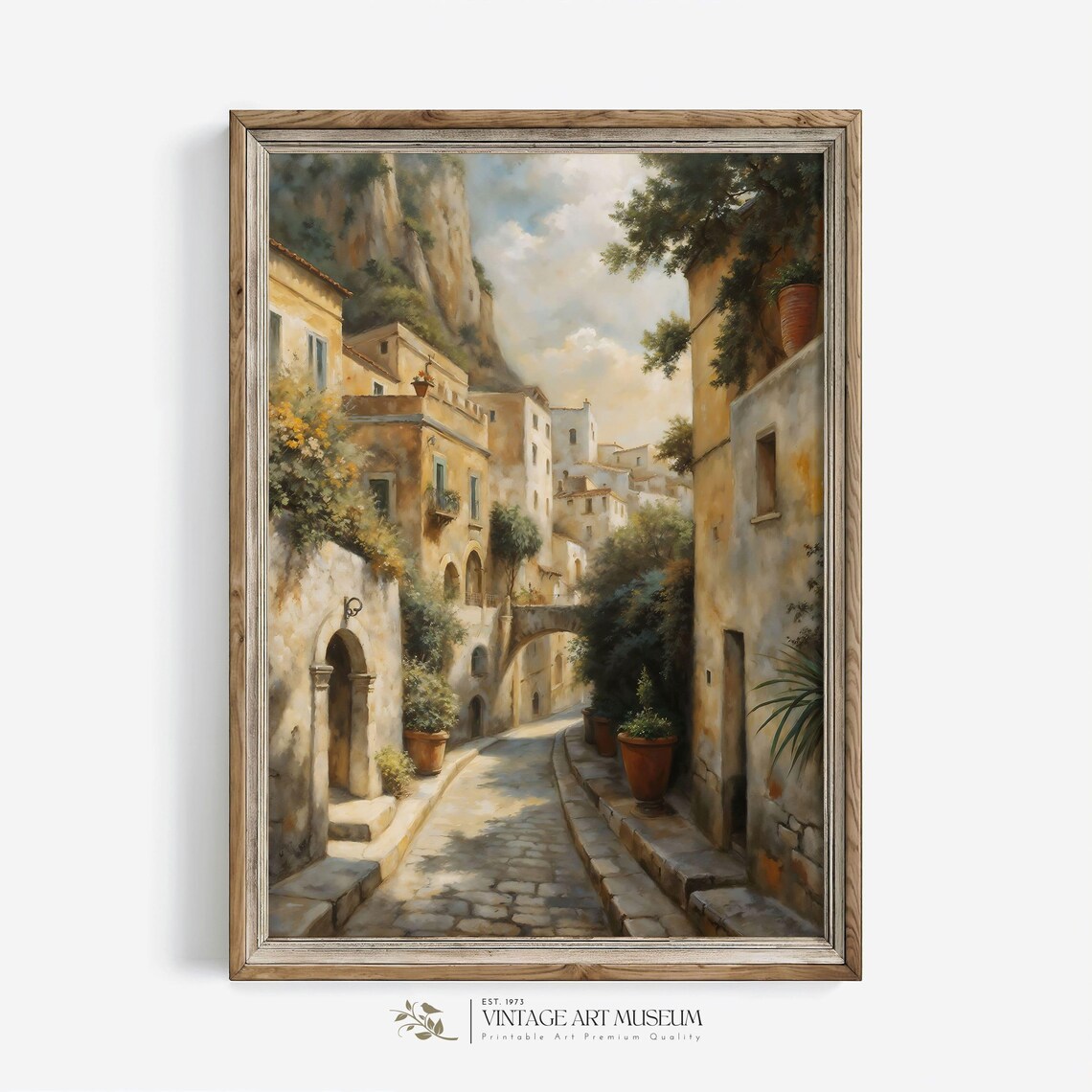 Sunlit Amalfi Coast Street Stone Buildings Vintage European Art Poster