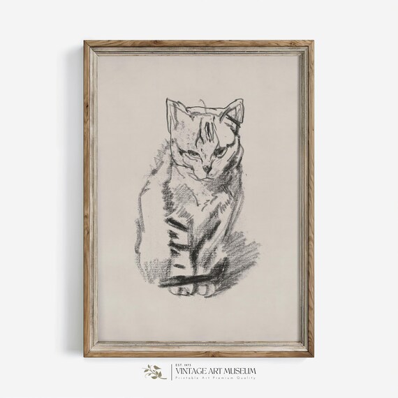 Minimalist Charcoal Cat Sketch Neutral Vintage Drawing Style Poster