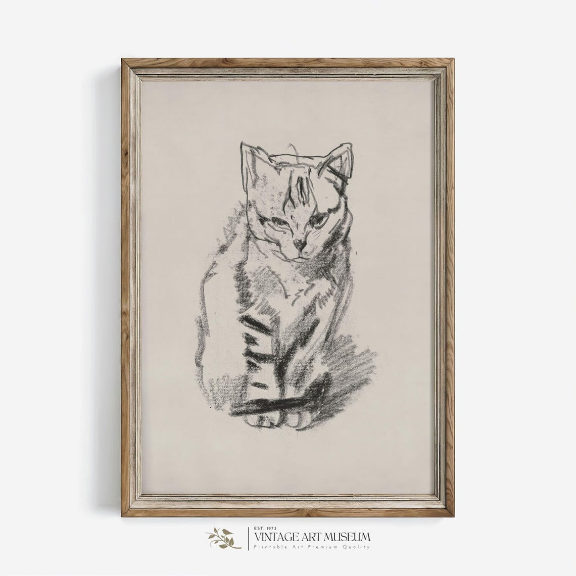 Minimalist Charcoal Cat Sketch Neutral Vintage Drawing Style Poster