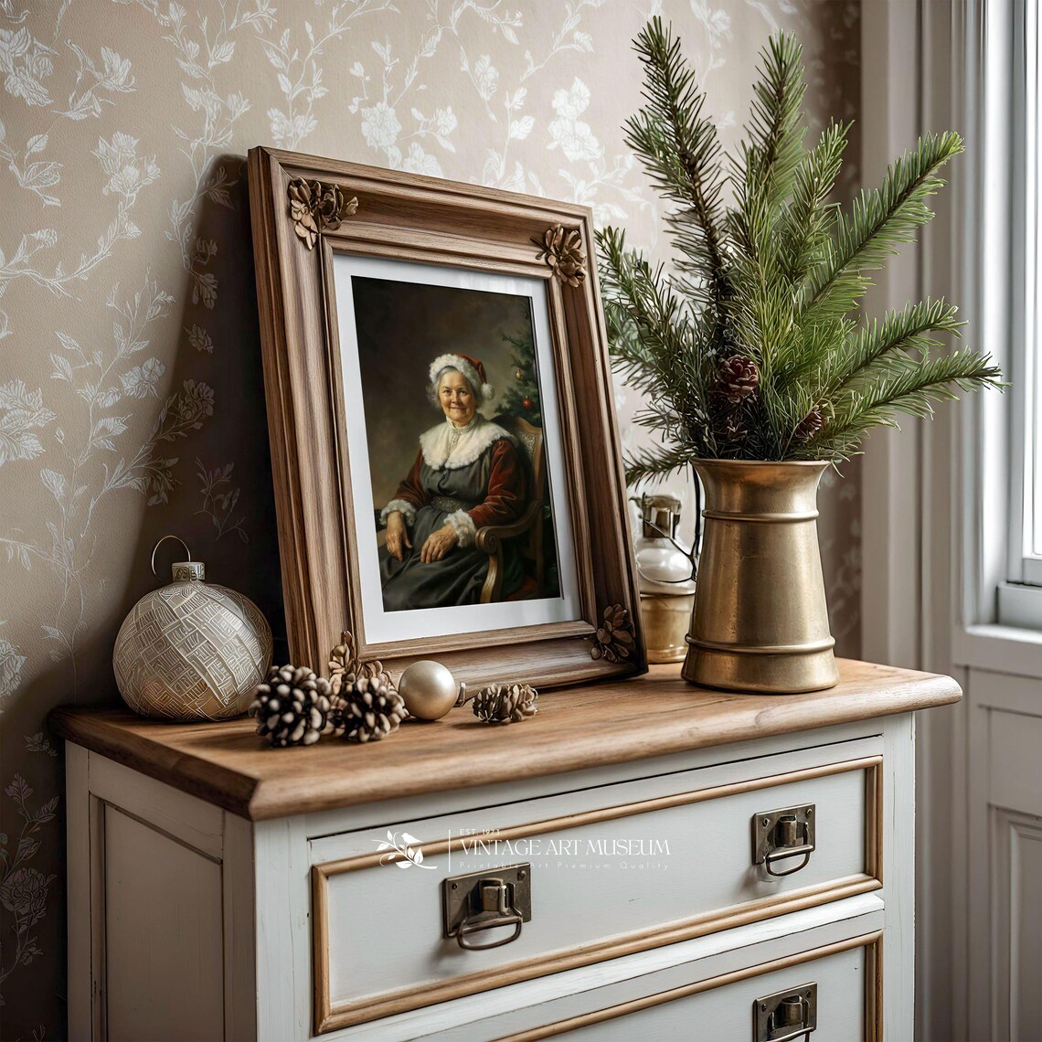 Mrs Claus Christmas Portrait By The Tree Vintage Holiday Art Poster - Image 3
