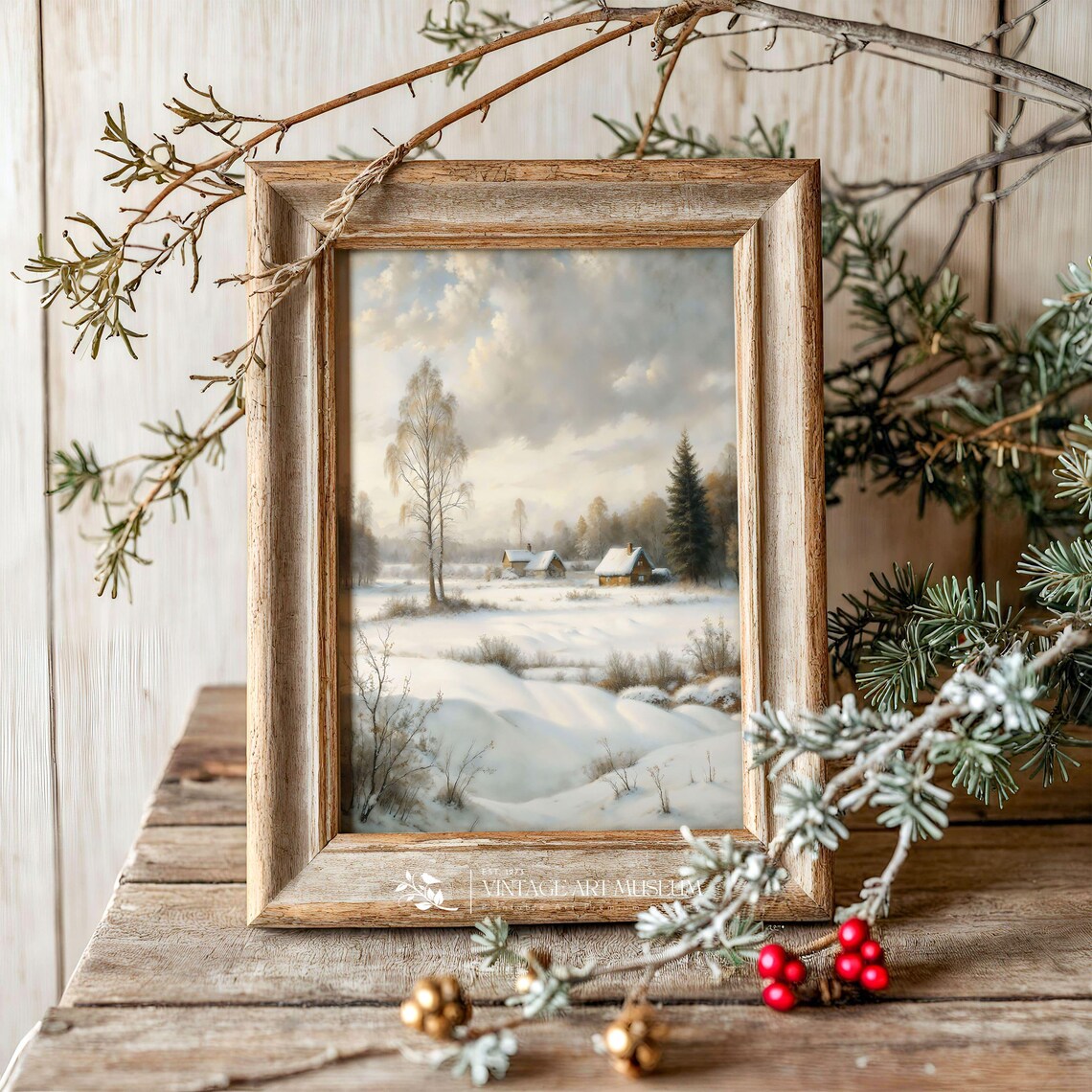 Snowy Countryside Cabins Winter Morning Landscape Vintage Oil Painting Poster - Image 3