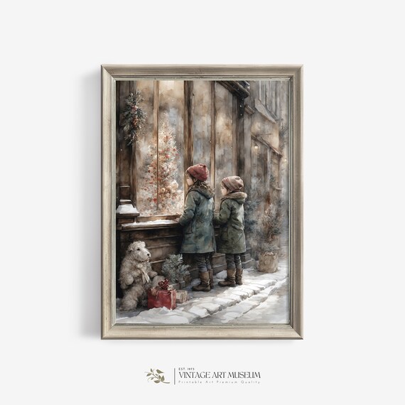 Two Sisters Winter Christmas Window Watercolor Holiday Wall Art