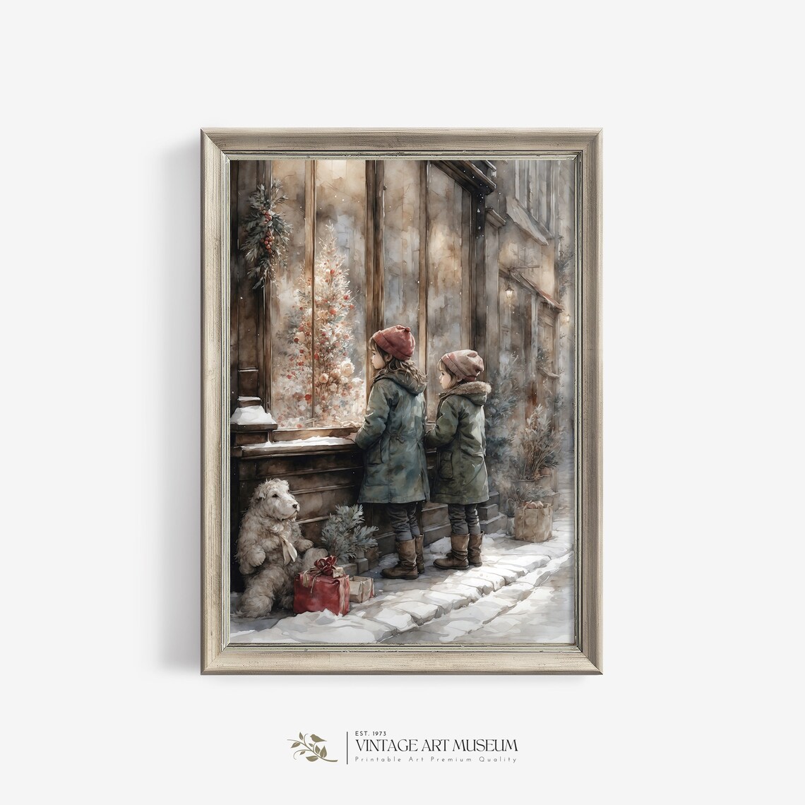 Two Sisters Winter Christmas Window Watercolor Holiday Wall Art
