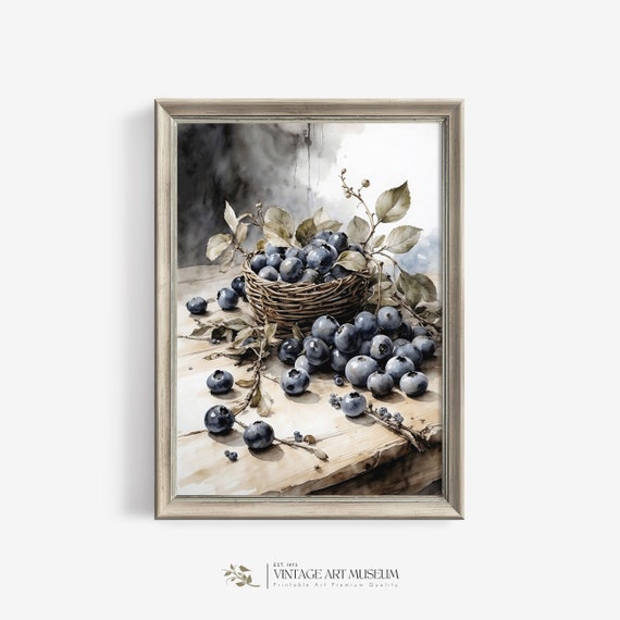 Vintage Blueberry Branch Still Life Watercolor Art Print