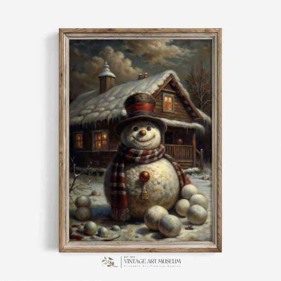 Happy Snowman In Dark Winter Scene Rustic Xmas Moody Wall Art Large Vintage Oil Painting For Cottagecore Decor 36
