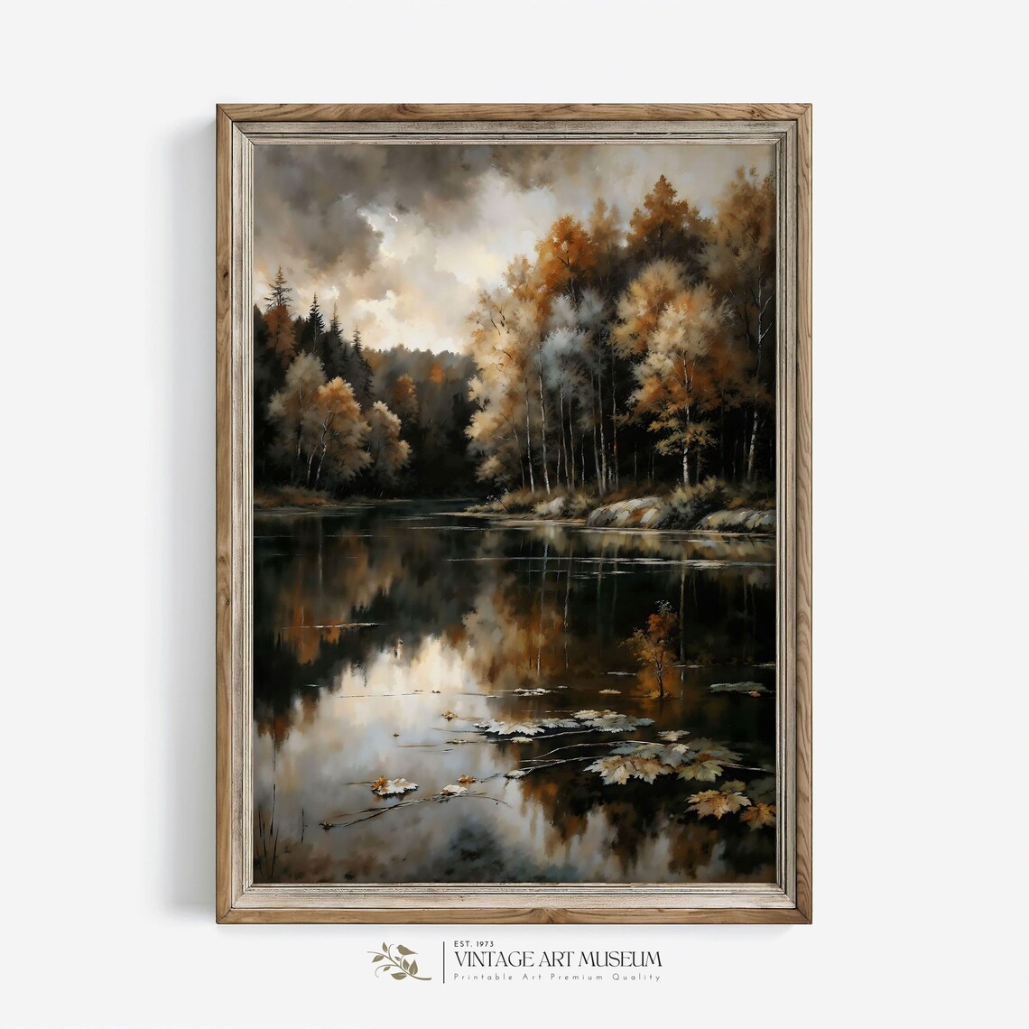 Autumn Lake Dark Fall Oil Painting Vintage Landscape Wall Art - Image 3