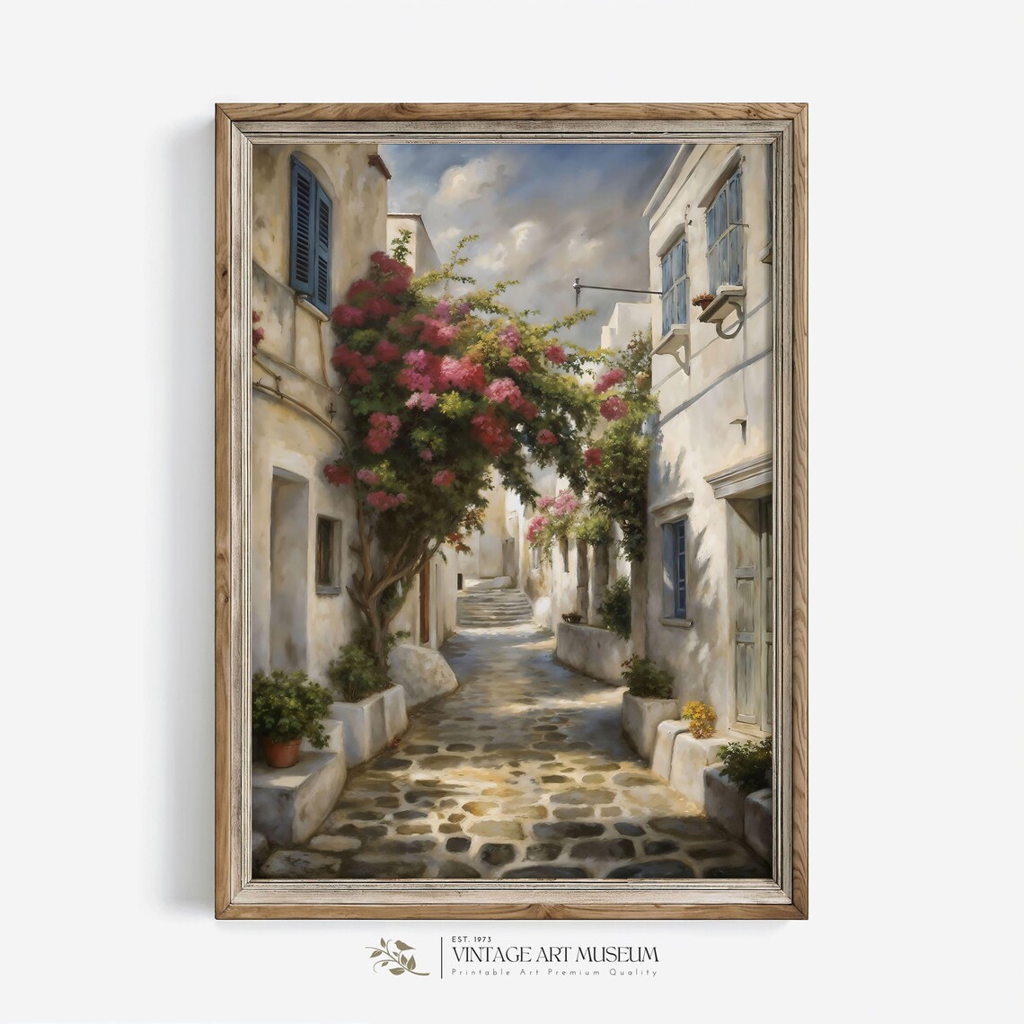 Sunlit Greek Alley Bougainvillea Mediterranean Village Travel Poster