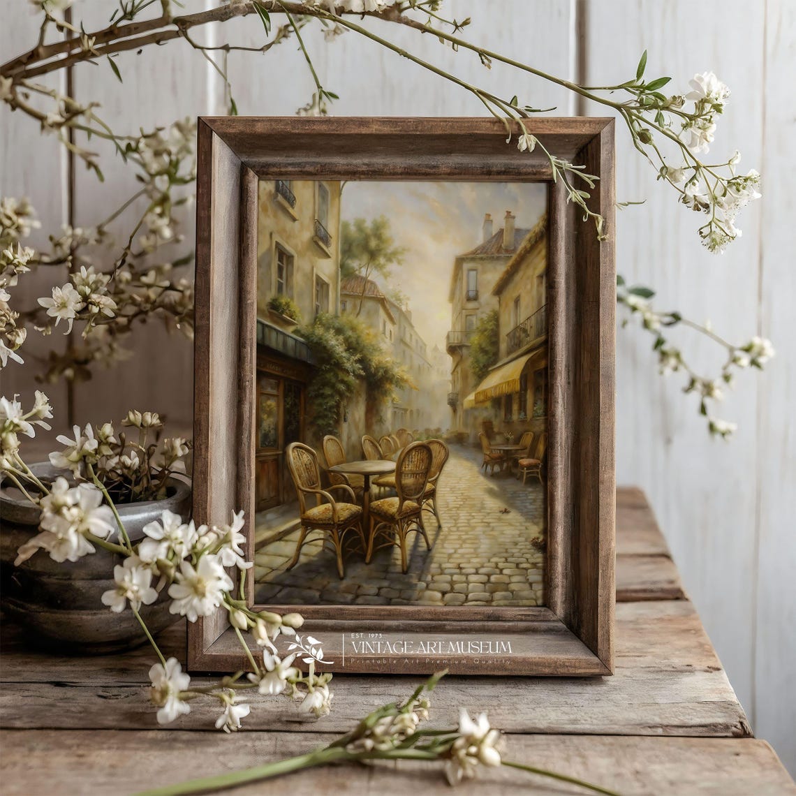Vintage France Street Cafe Print Wicker Chair French Country Decor Warm Tone Oil Painting Architecture Wall Art 511 - Image 3