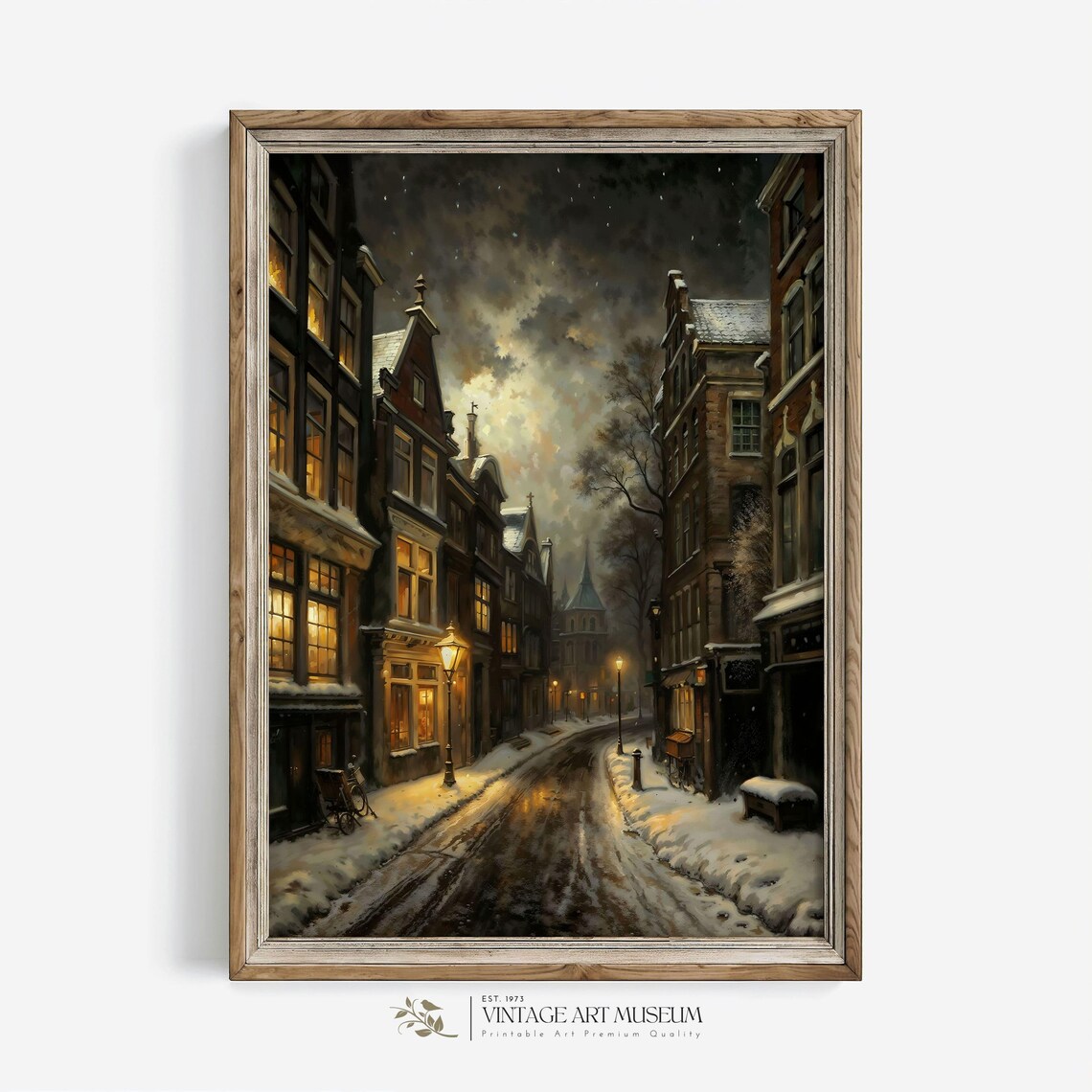 Snowy Old Town Street at Night With Glowing Street Lamps Poster