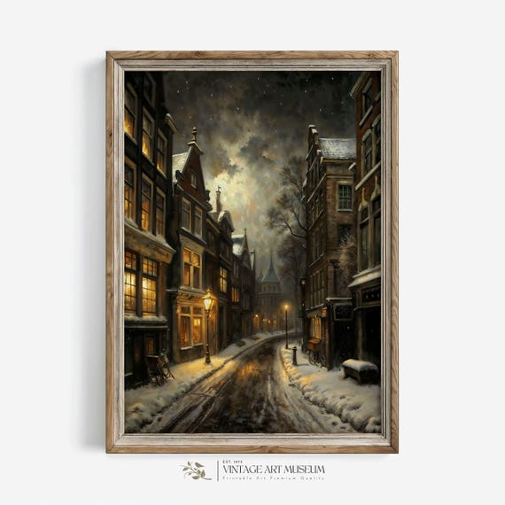Night Street Winter Amsterdam Snowy Scene Art Painting Moody Vintage Style Wall Decor For Rustic Cottagecore Homes 47