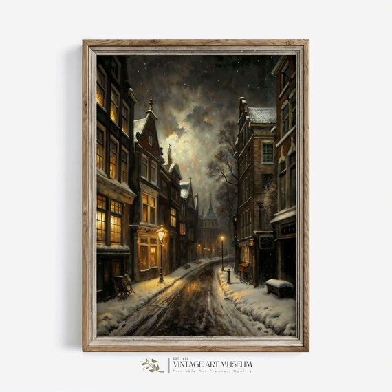 Snowy Old Town Street at Night With Glowing Street Lamps Poster