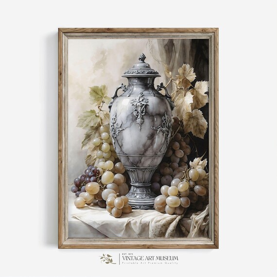 Vintage Fruit Still Life Wall Art Antique Vase Grape Painting Cottagecore Kitchen Decor Print For Light Academia 562