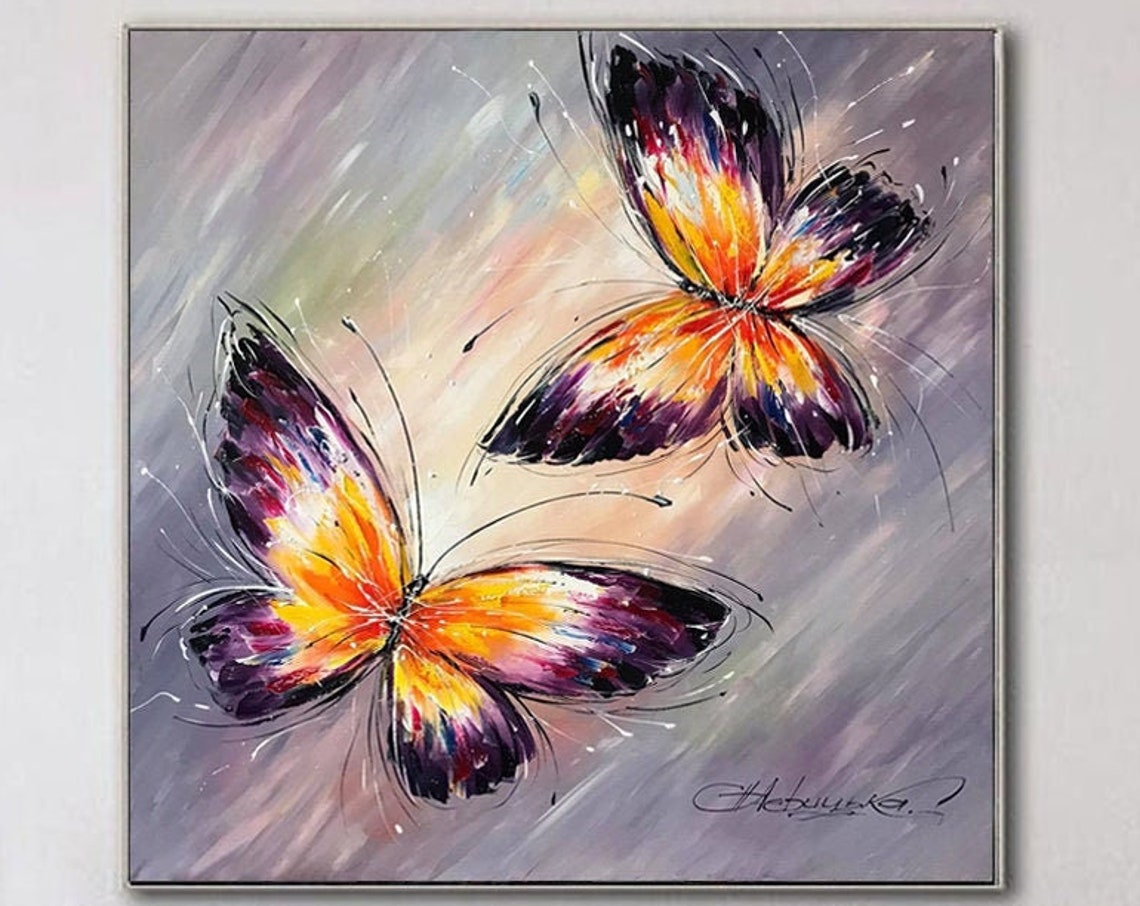 Two Purple Orange Butterflies Abstract Gray Background Wall Art Poster - Image 2