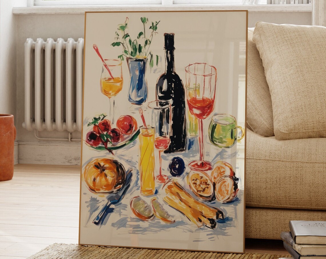 Wine And Fruit Still Life Painting Poster Elegant Kitchen Wall Decor