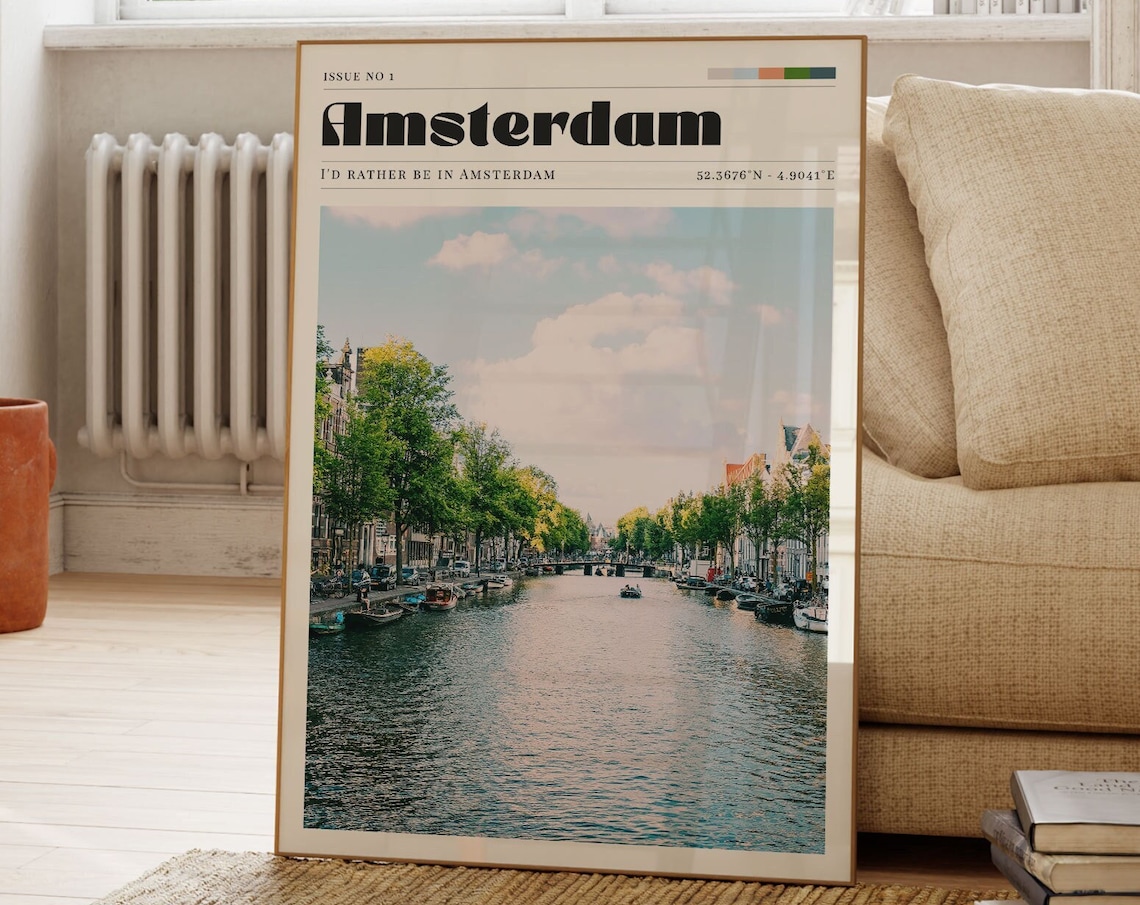 Amsterdam Canal Retro Travel Poster Magazine Style City Photo