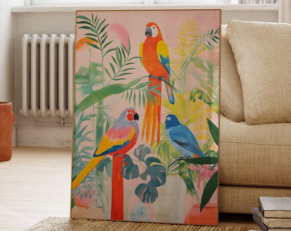 Colourful Parrot Print Animal Poster Bird Art Botanical Nature Wildlife Gallery Wall Gift For Her Girls Decor
