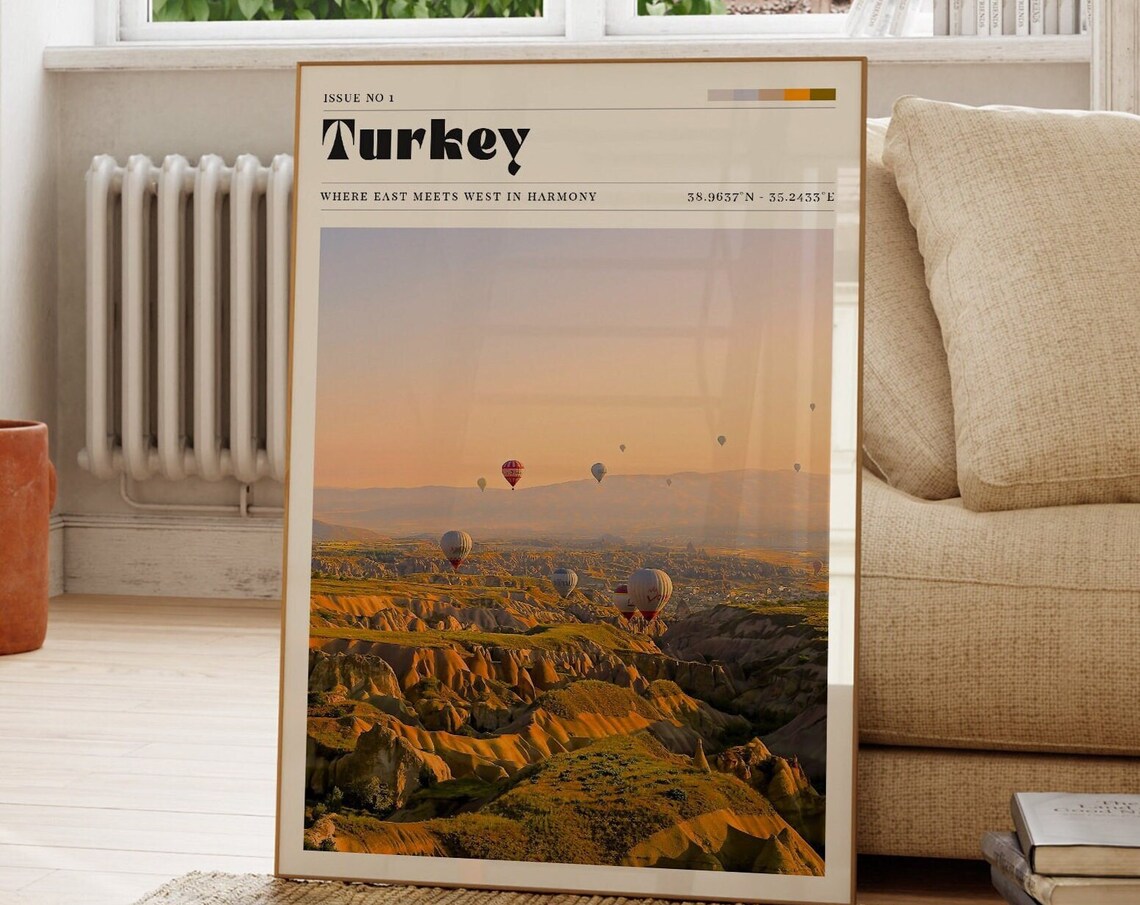 Turkey Hot Air Balloon Valley Sunset Travel Poster Magazine Style