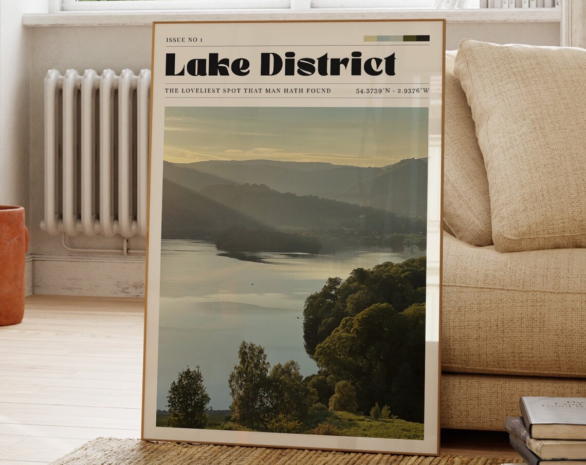 Lake District England Misty Lake Travel Poster Sunset Landscape Photography Art