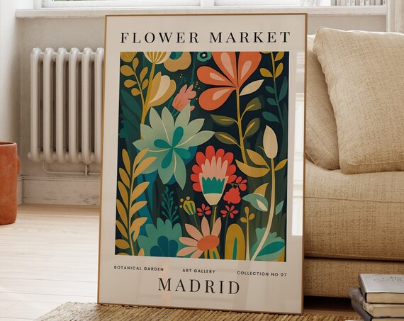 Flower Market Madrid Dark Teal Tropical Botanical Art Gallery Poster
