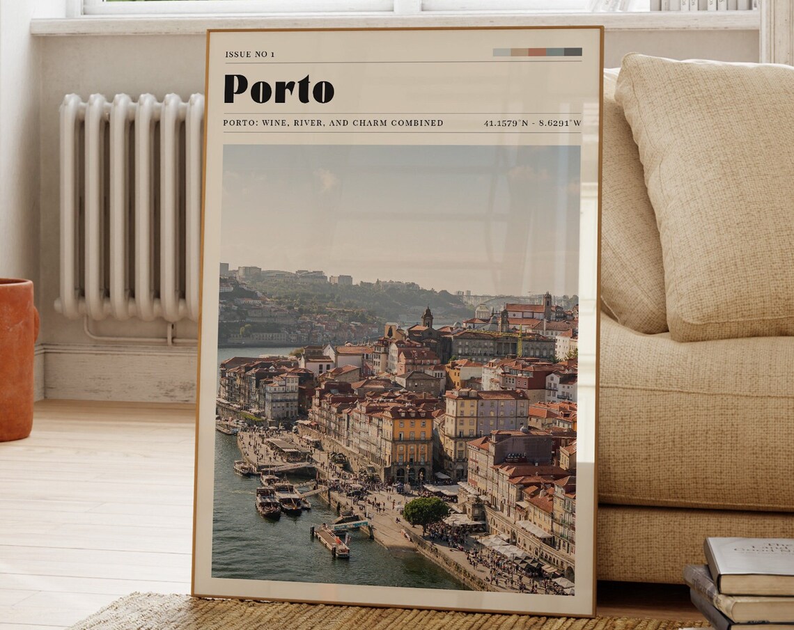 Porto Portugal Retro Travel Poster Magazine Style Riverside City