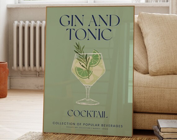 Classic Gin and Tonic Cocktail Recipe Poster Sage Green Bar Art