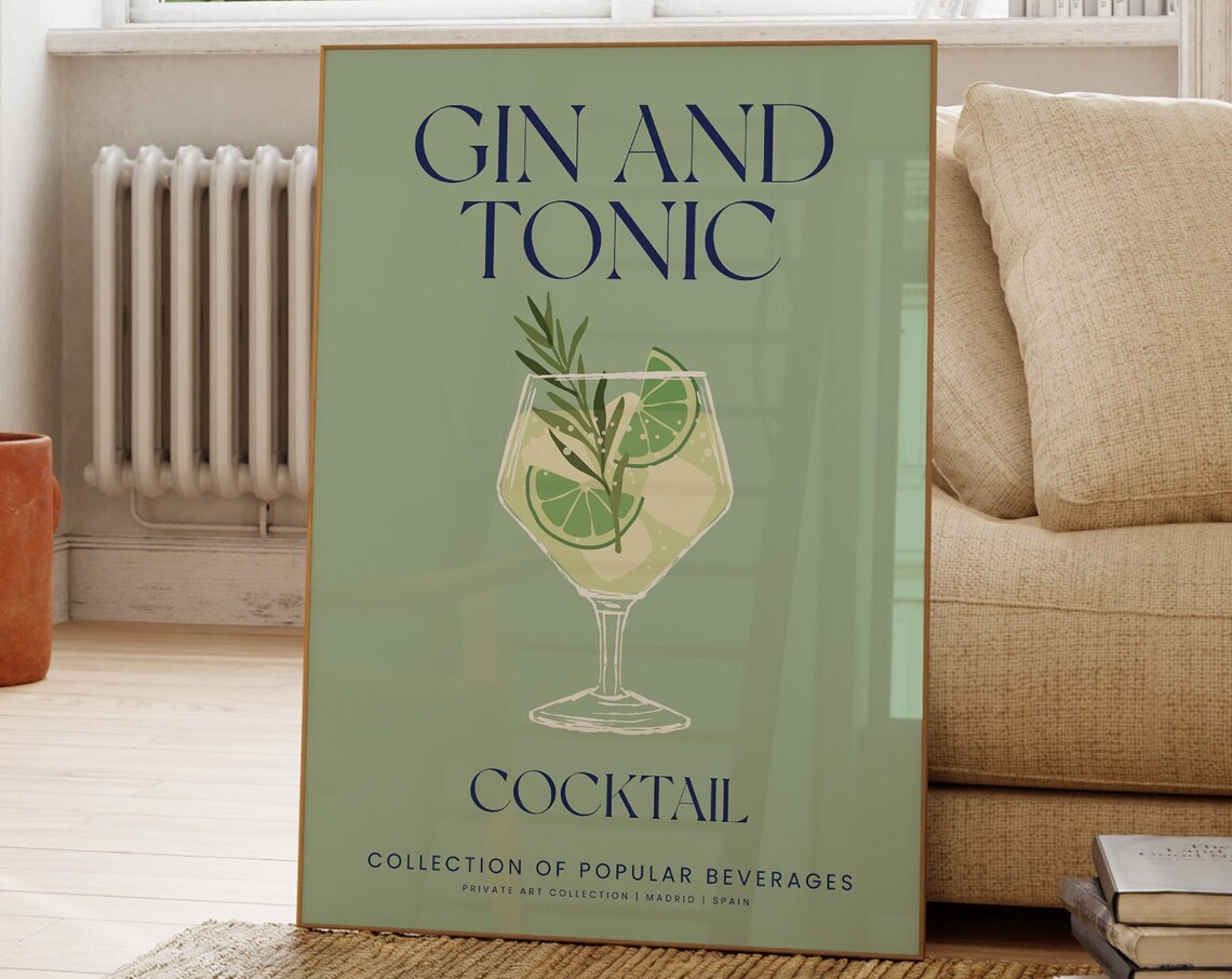Classic Gin and Tonic Cocktail Recipe Poster Sage Green Bar Art