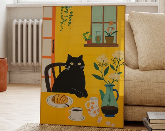 Black Cat Eating Breakfast Print Coffee Croissant Flowers Yellow Poster Gift For Animal Lovers Fun Bar Decor Bedroom