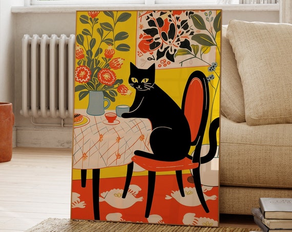 Black Cat at the Dinner Table Bold Modern Matisse Style Poster